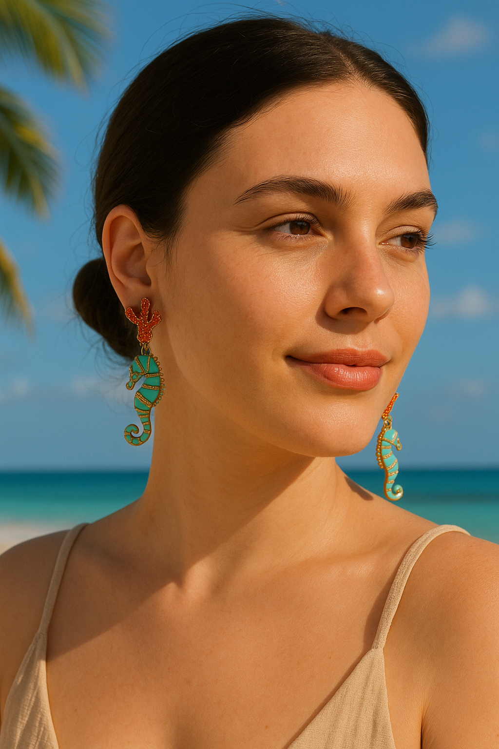 Brincos Vintage Cavalo-Marinho com Coral e Cristais