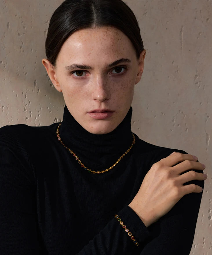 Yhpup requintado colorido zircônia cúbica luxo elenco corrente colar pulseira para mulheres de aço inoxidável à prova dwaterproof água jóias presente