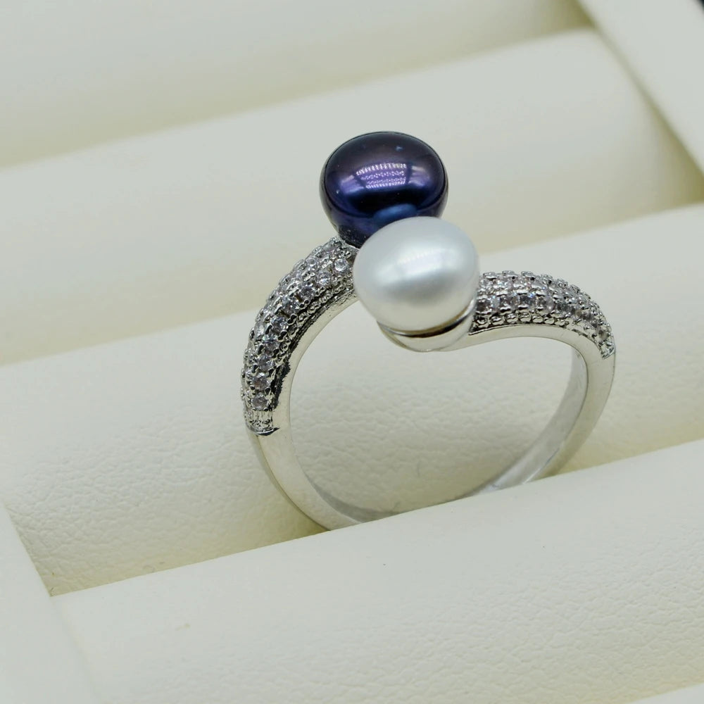 Anéis de pérola duplos ajustáveis para mulheres pérolas naturais de água doce anéis multicoloridos de zircônia prata