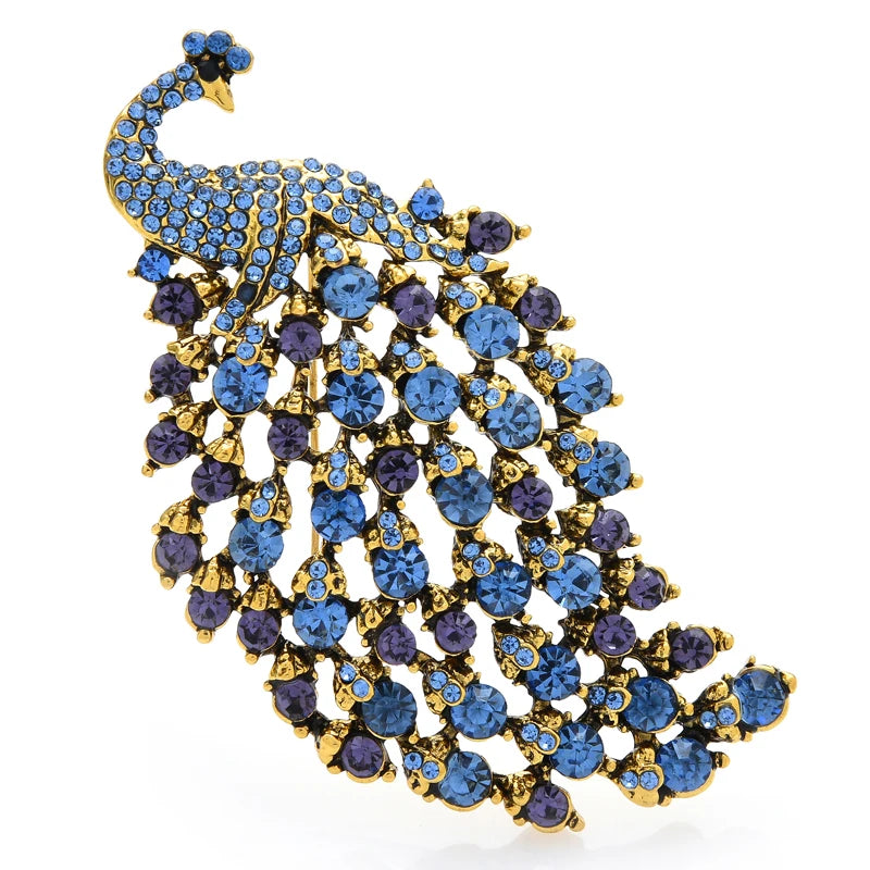 Wuli & baby broches de pavão de tamanho normal para mulheres strass 4 cores beleza pássaro festa broche de escritório presentes