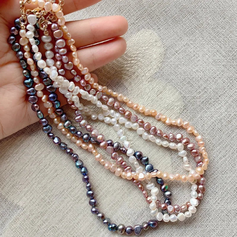 Colar de pérolas naturais de água doce para mulheres, barroco irregular pequeno real, gargantilha curta, jóias para colarinho, branco, roxo, 4-5mm