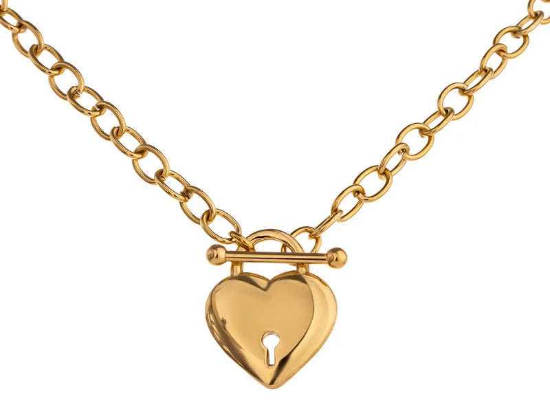 Yhpup-Colar de pingente de aço inoxidável para mulheres, coração romântico, fechadura, textura metálica glamourosa, gargantilha chapeada 18 k, jóias charme