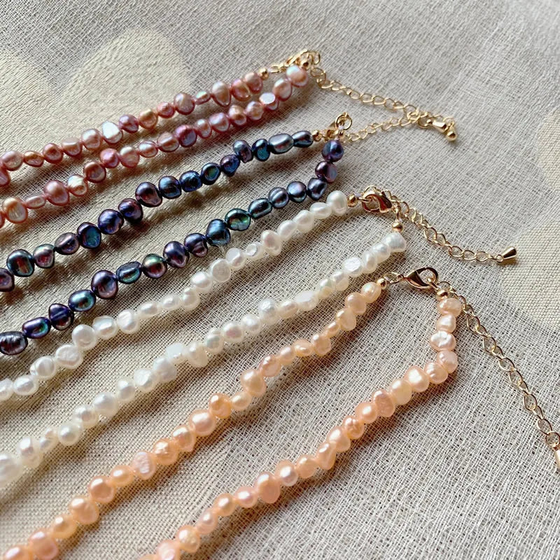 Colar de pérolas naturais de água doce para mulheres, barroco irregular pequeno real, gargantilha curta, jóias para colarinho, branco, roxo, 4-5mm