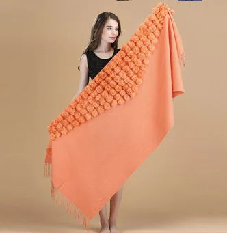 Lenço Pashmina Borgonha feminino 100% lã, bolas de pele de coelho, borla fina, xale grosso, moda quente, novo, alta qualidade