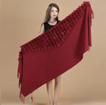 Lenço Pashmina Borgonha feminino 100% lã, bolas de pele de coelho, borla fina, xale grosso, moda quente, novo, alta qualidade