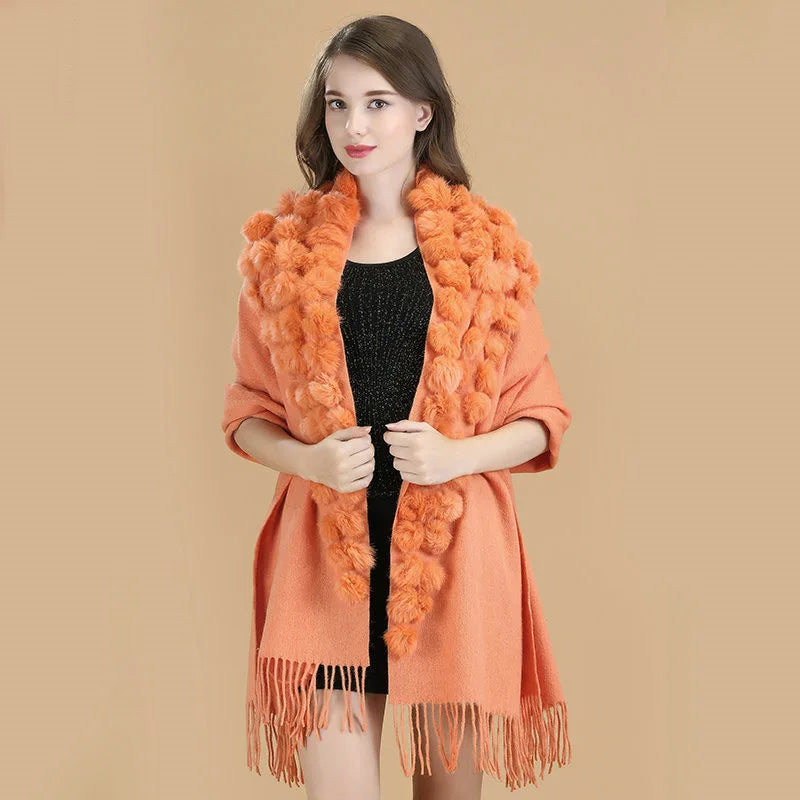 Lenço Pashmina Borgonha feminino 100% lã, bolas de pele de coelho, borla fina, xale grosso, moda quente, novo, alta qualidade