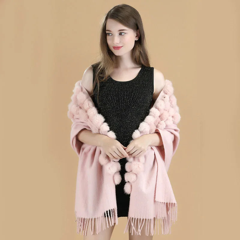 Lenço Pashmina Borgonha feminino 100% lã, bolas de pele de coelho, borla fina, xale grosso, moda quente, novo, alta qualidade