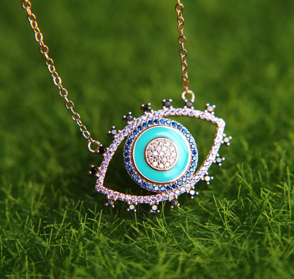 Novo autêntico turquesa turco mal olho forma rosa cor de ouro moda feminina colar atacado