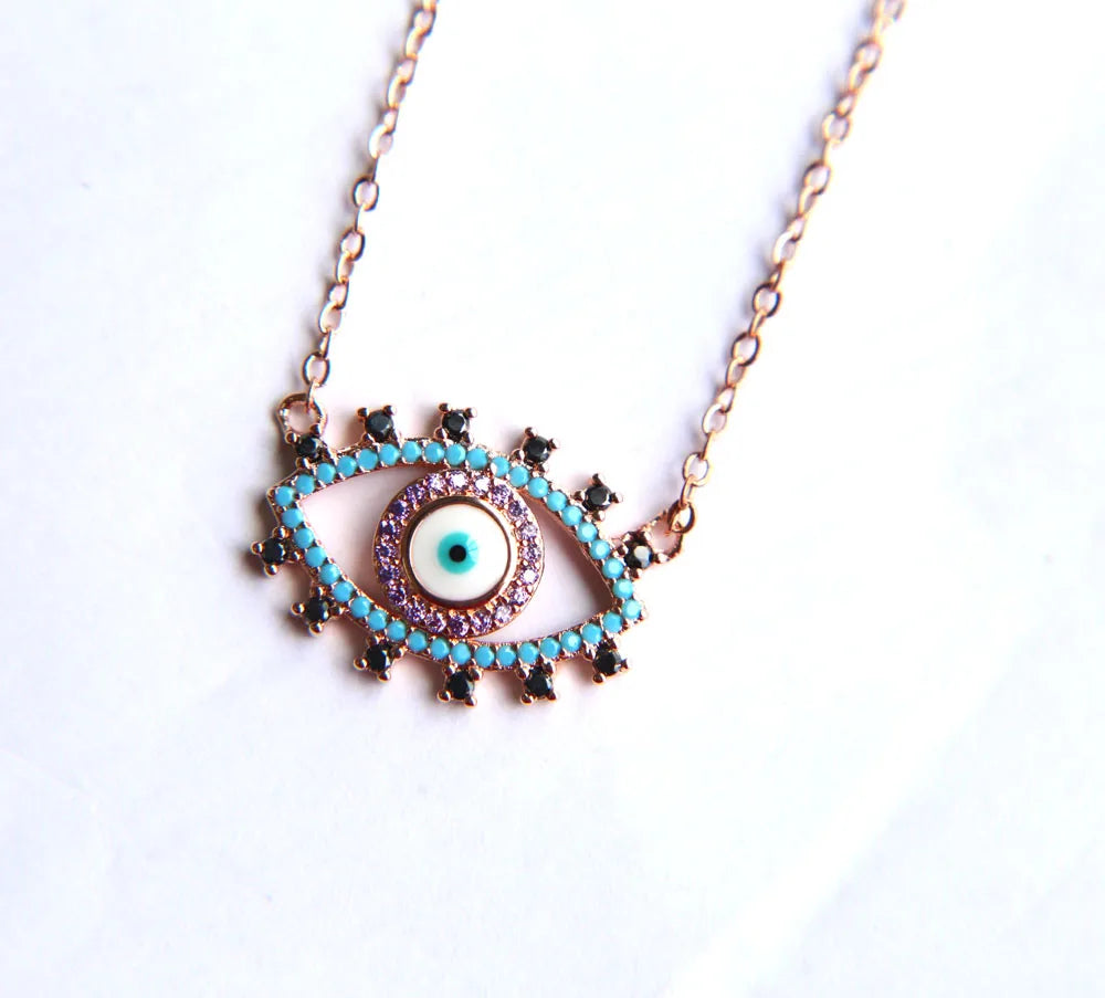 Novo autêntico turquesa turco mal olho forma rosa cor de ouro moda feminina colar atacado