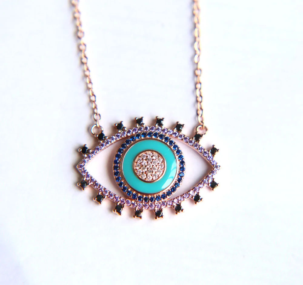 Novo autêntico turquesa turco mal olho forma rosa cor de ouro moda feminina colar atacado