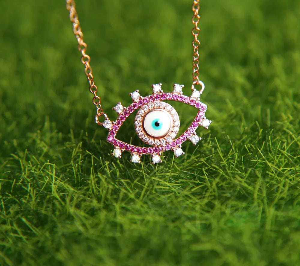 Novo autêntico turquesa turco mal olho forma rosa cor de ouro moda feminina colar atacado