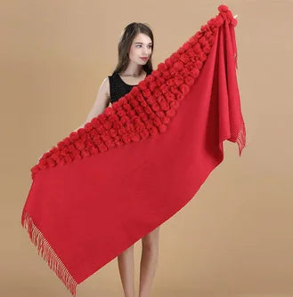 Lenço Pashmina Borgonha feminino 100% lã, bolas de pele de coelho, borla fina, xale grosso, moda quente, novo, alta qualidade