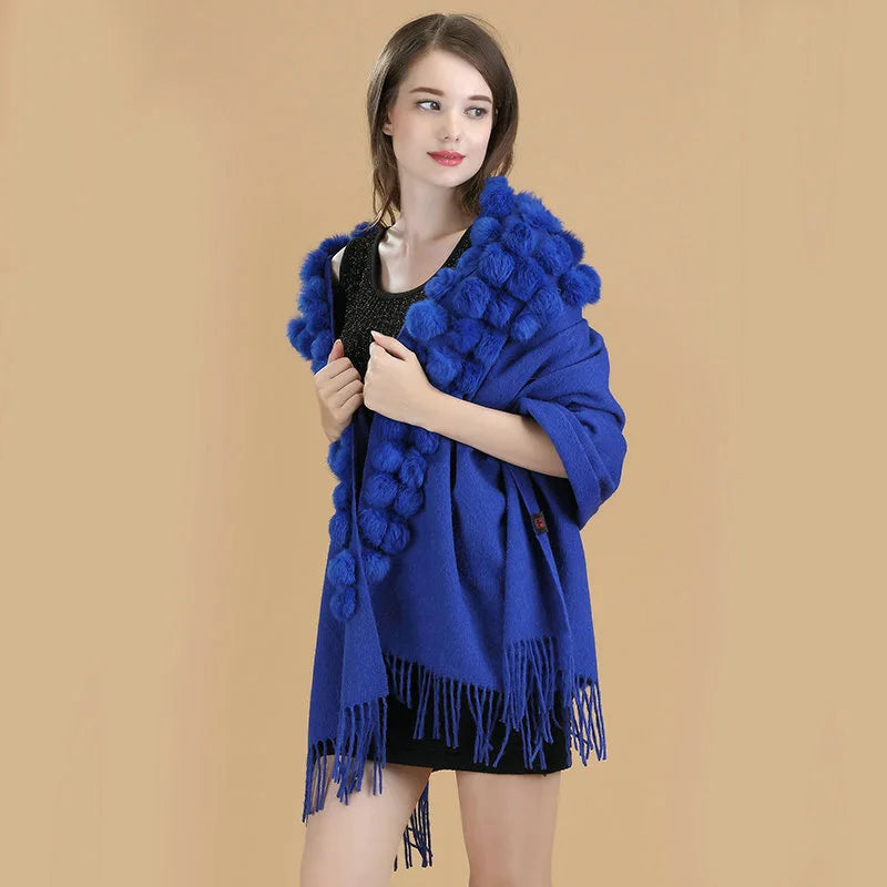 Lenço Pashmina Borgonha feminino 100% lã, bolas de pele de coelho, borla fina, xale grosso, moda quente, novo, alta qualidade