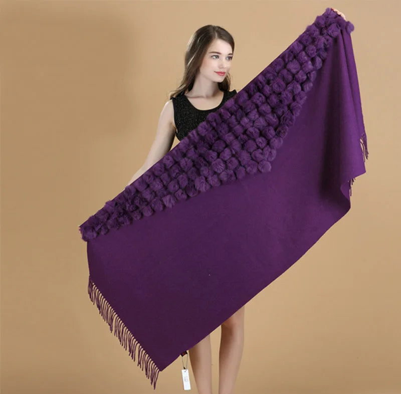 Lenço Pashmina Borgonha feminino 100% lã, bolas de pele de coelho, borla fina, xale grosso, moda quente, novo, alta qualidade