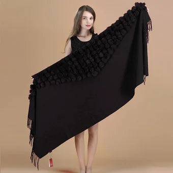 Lenço Pashmina Borgonha feminino 100% lã, bolas de pele de coelho, borla fina, xale grosso, moda quente, novo, alta qualidade