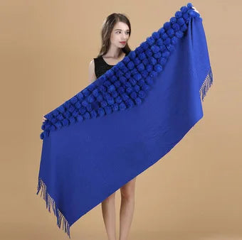 Lenço Pashmina Borgonha feminino 100% lã, bolas de pele de coelho, borla fina, xale grosso, moda quente, novo, alta qualidade