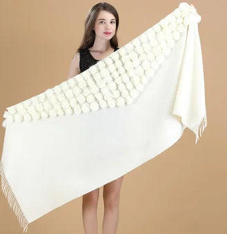 Lenço Pashmina Borgonha feminino 100% lã, bolas de pele de coelho, borla fina, xale grosso, moda quente, novo, alta qualidade