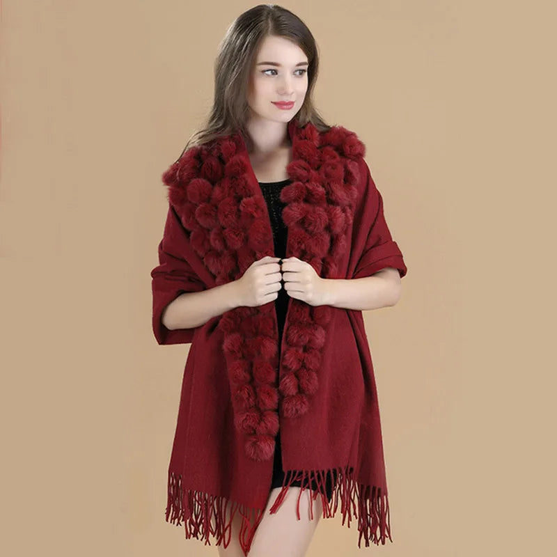 Lenço Pashmina Borgonha feminino 100% lã, bolas de pele de coelho, borla fina, xale grosso, moda quente, novo, alta qualidade