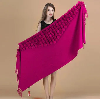 Lenço Pashmina Borgonha feminino 100% lã, bolas de pele de coelho, borla fina, xale grosso, moda quente, novo, alta qualidade