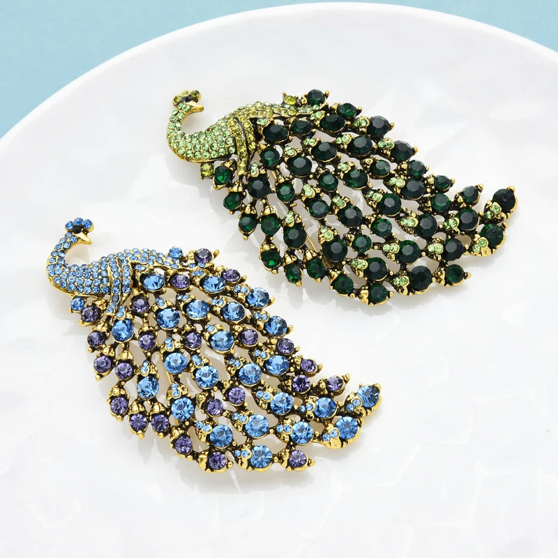 Wuli & baby broches de pavão de tamanho normal para mulheres strass 4 cores beleza pássaro festa broche de escritório presentes