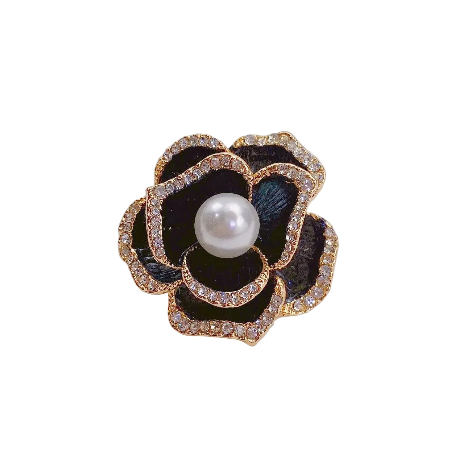 Broche Flor Camélia Retrô com Zircônias e Detalhe em Esmalte