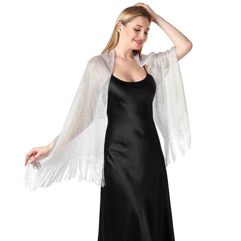 Moda Ouro Prata Brilhante Silk Sunscreen Scarf Feminino Long Tassel Evening Party Dress Xaile Verão Fino Praia Bikini Sun Cloak