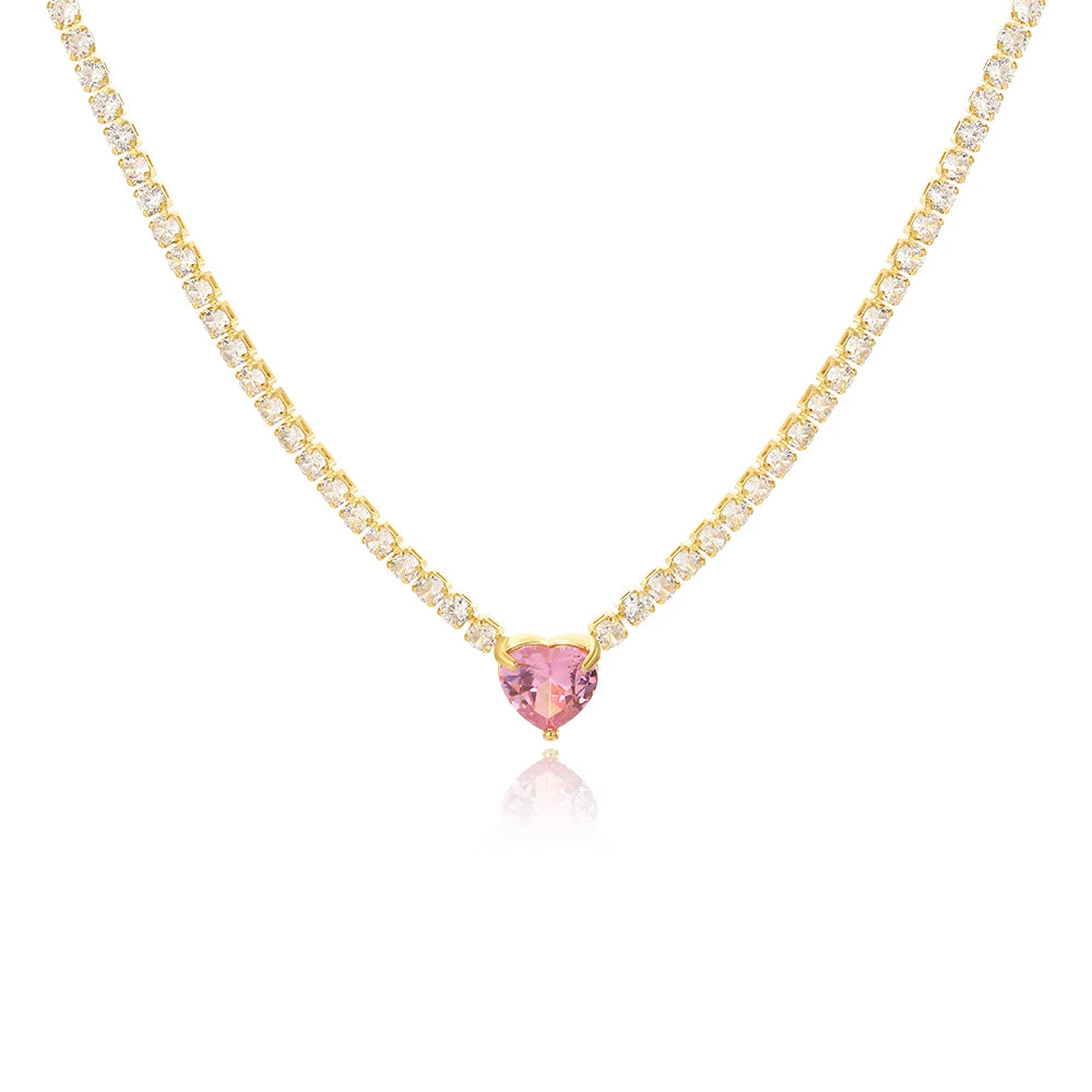 Shinny conjunto de jóias de pedra de cristal completo para mulheres luxo amor coração zircônia cúbica tênis pulseira gelada para fora corrente colar casamento