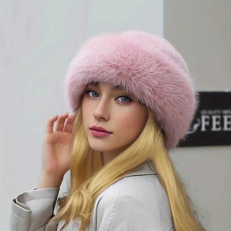 Inverno grosso quente peludo gorros chapéu moda feminina imitação de pele de vison boné russo cor sólida de pelúcia boné sem aba chapéu de esqui