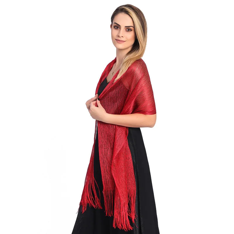 Moda Ouro Prata Brilhante Silk Sunscreen Scarf Feminino Long Tassel Evening Party Dress Xaile Verão Fino Praia Bikini Sun Cloak