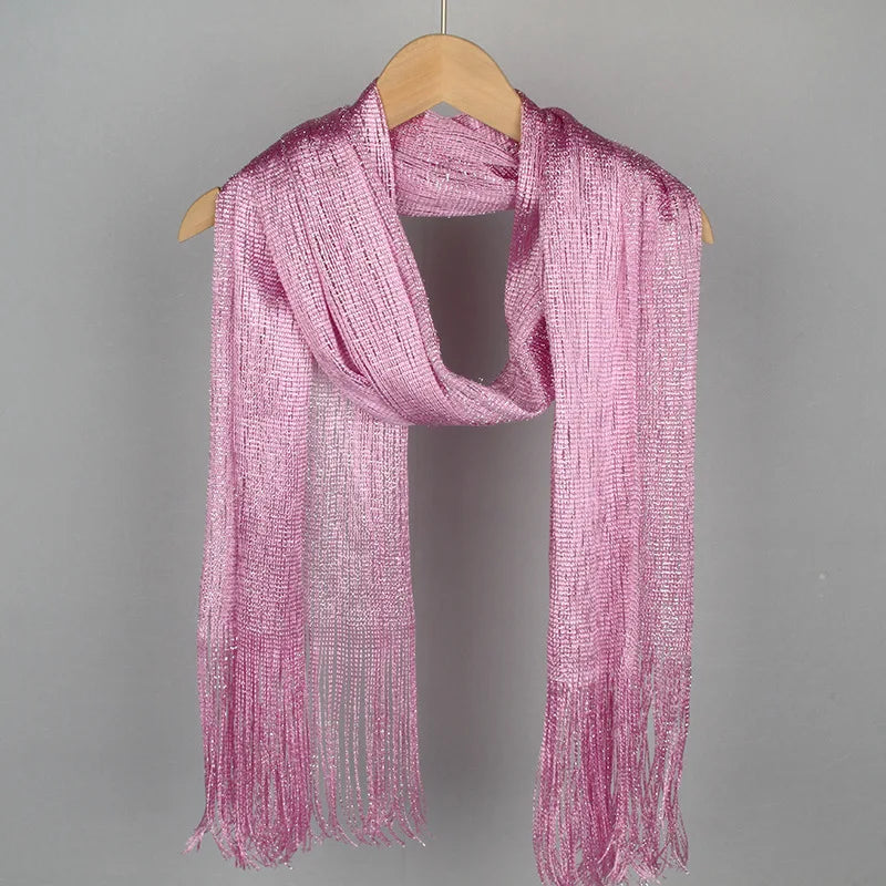 Moda Ouro Prata Brilhante Silk Sunscreen Scarf Feminino Long Tassel Evening Party Dress Xaile Verão Fino Praia Bikini Sun Cloak