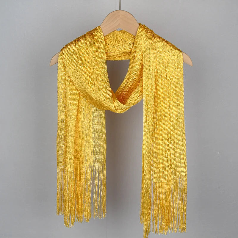 Moda Ouro Prata Brilhante Silk Sunscreen Scarf Feminino Long Tassel Evening Party Dress Xaile Verão Fino Praia Bikini Sun Cloak