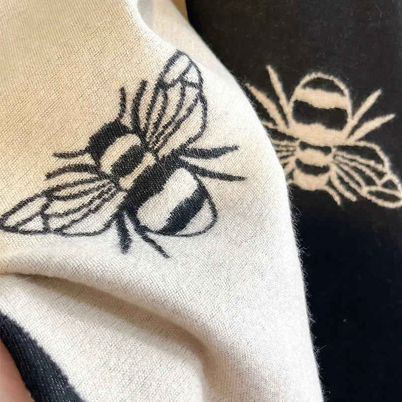 Luxo marca de dois lados abelhas lenço, imitação de caxemira, macio, quente, franja, pashmina, xale, inverno, coldproof, à prova de vento, cobertor