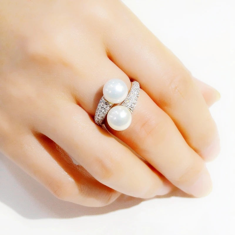 Anéis de pérola duplos ajustáveis para mulheres pérolas naturais de água doce anéis multicoloridos de zircônia prata