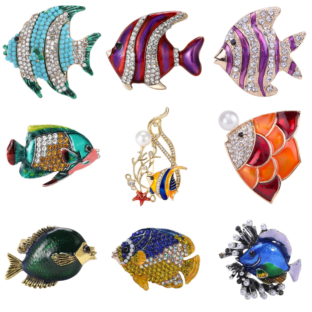Broches de peixe palhaço de strass para mulheres unissex esmalte animal alfinetes festa de escritório amigo engraçado presentes de luxo acessórios de joias