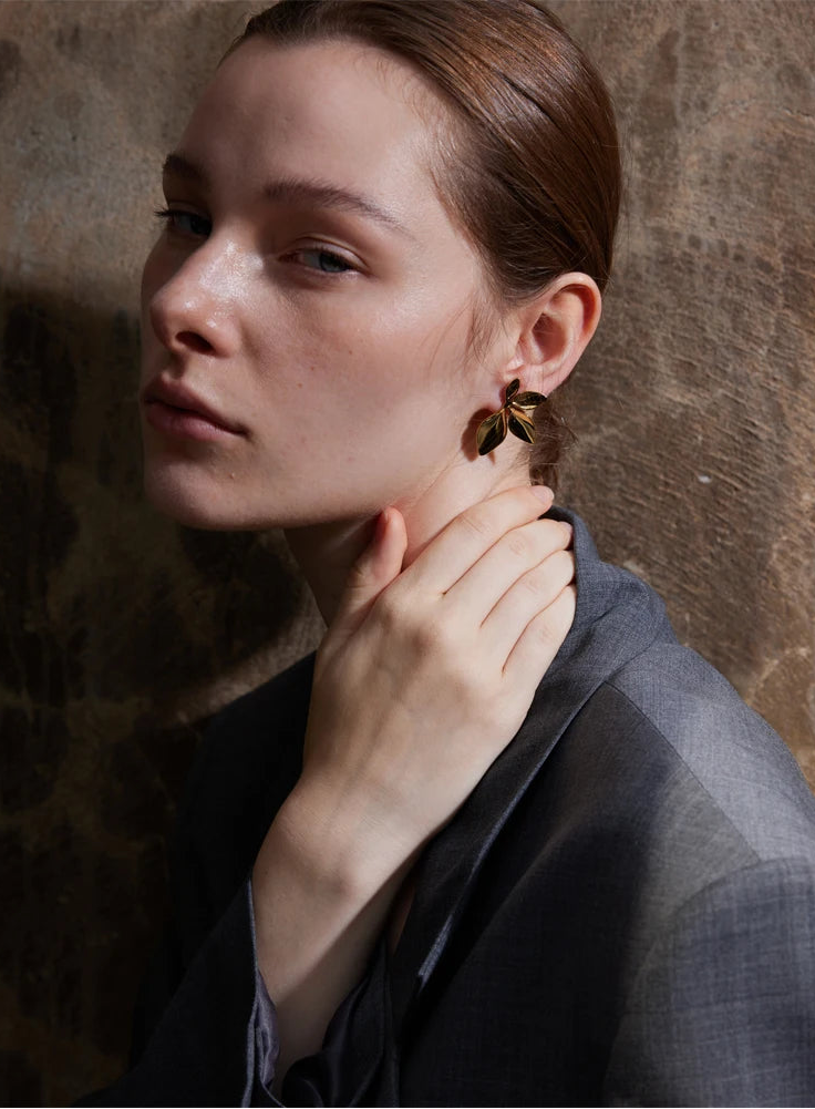 Yhpup moda folhas de aço inoxidável flor brincos brilhante anti alergia à prova dwaterproof água charme textura jóias alta qualidade