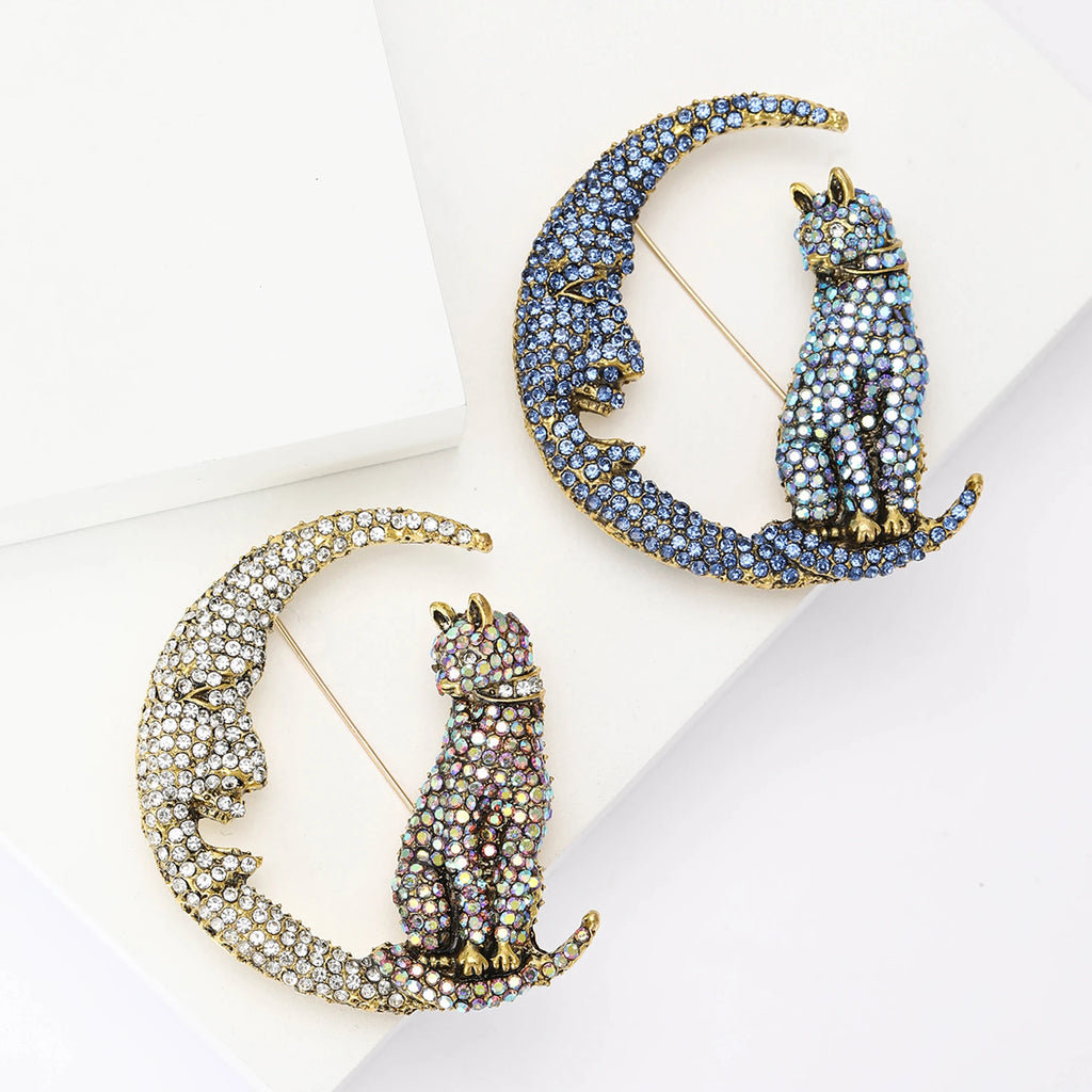 Broche Gato Lunar com Strass Design Elegante Feminino