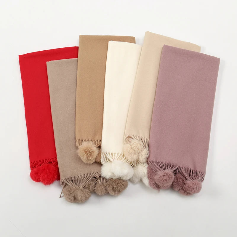 Lenço quente feminino com bola de pele de coelho pashmina lenços grossos xales inverno cashmere pompom cachecol senhoras oversize cobertor envoltório