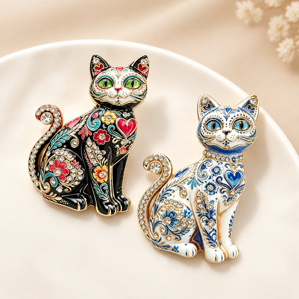 Broche Gato Vintage com Strass Design Elegante Feminino