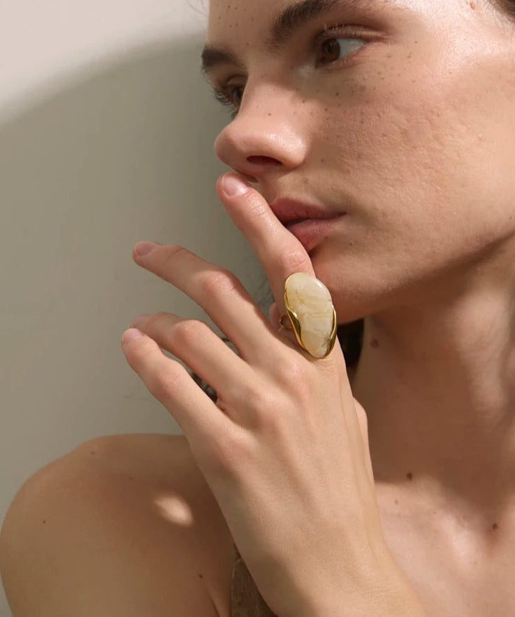 Yhpup novo design marrom verde bege resina geométrica anel ajustável dourado pvd aço inoxidável à prova de ferrugem dedo jóias presente