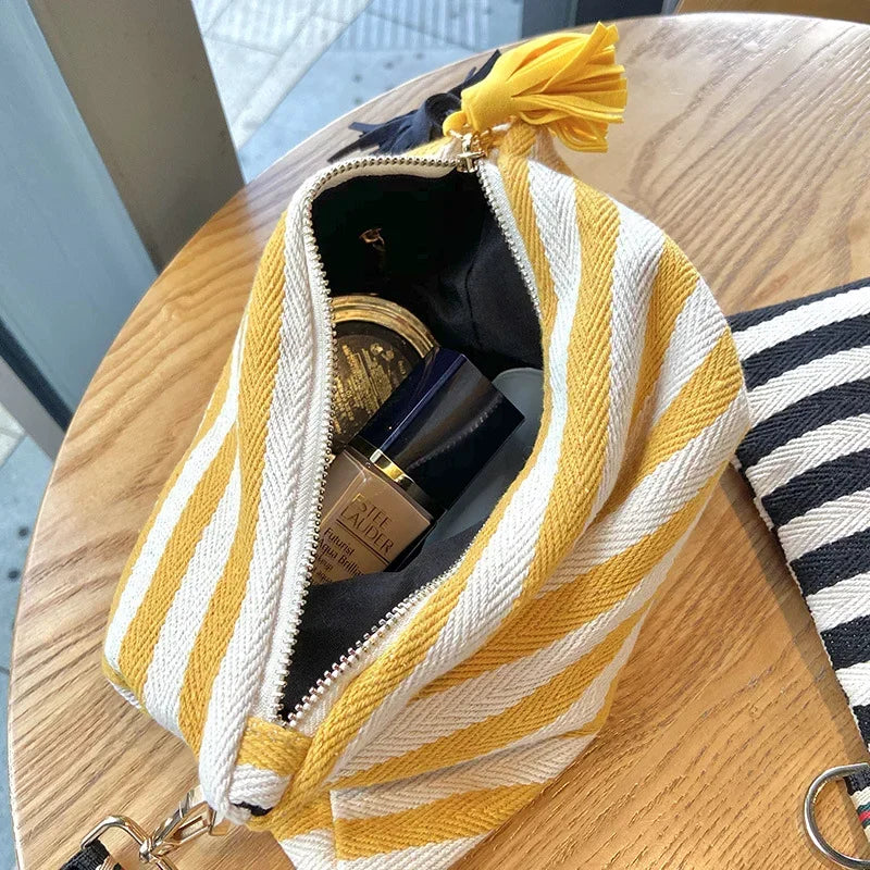 Saco cosmético feminino listrado caso de maquiagem organizador coreano borla bolsa cosmética necesserie viagem saco de higiene pessoal lona caso de beleza
