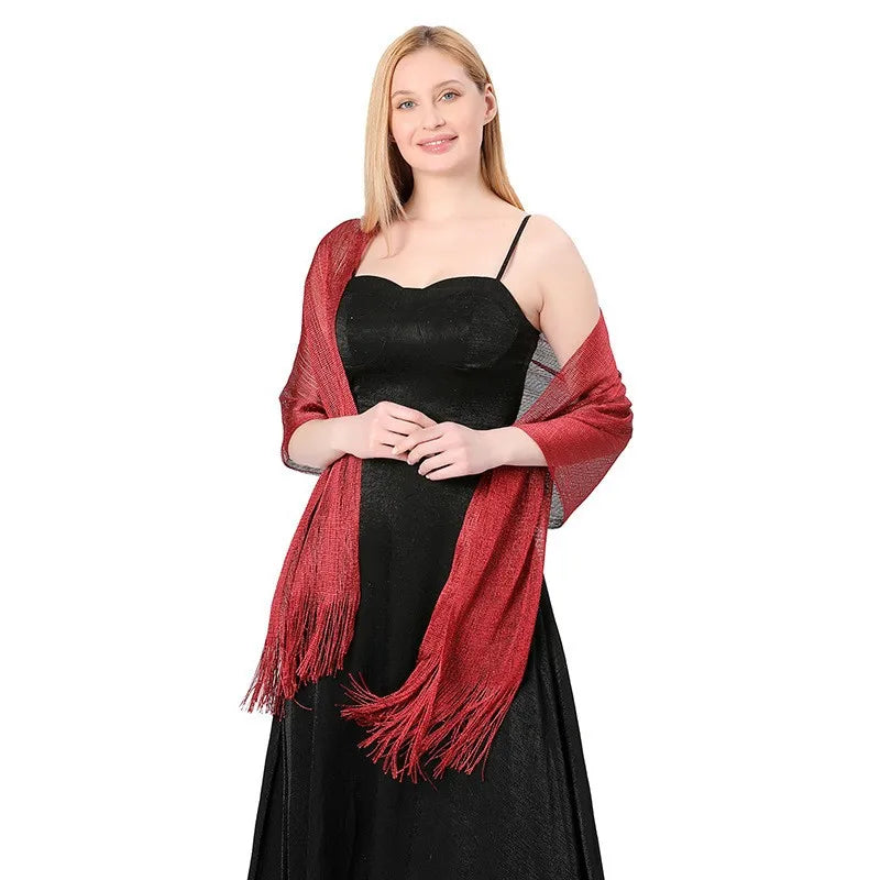 Moda Ouro Prata Brilhante Silk Sunscreen Scarf Feminino Long Tassel Evening Party Dress Xaile Verão Fino Praia Bikini Sun Cloak