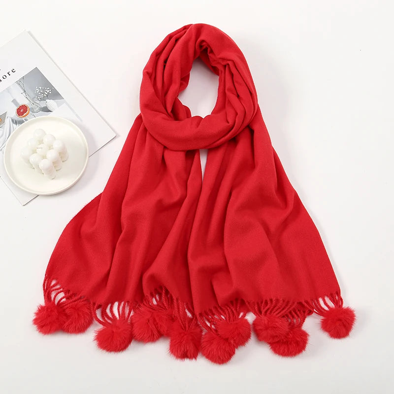 Lenço quente feminino com bola de pele de coelho pashmina lenços grossos xales inverno cashmere pompom cachecol senhoras oversize cobertor envoltório