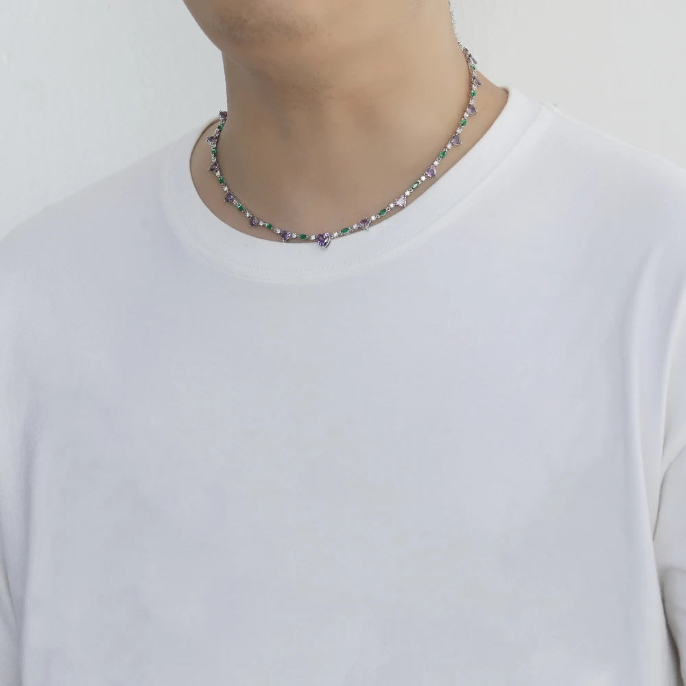 Colar de pedra coração roxo para mulheres, CZ tênis corrente, Bling Bling cadeia, latão, BC182