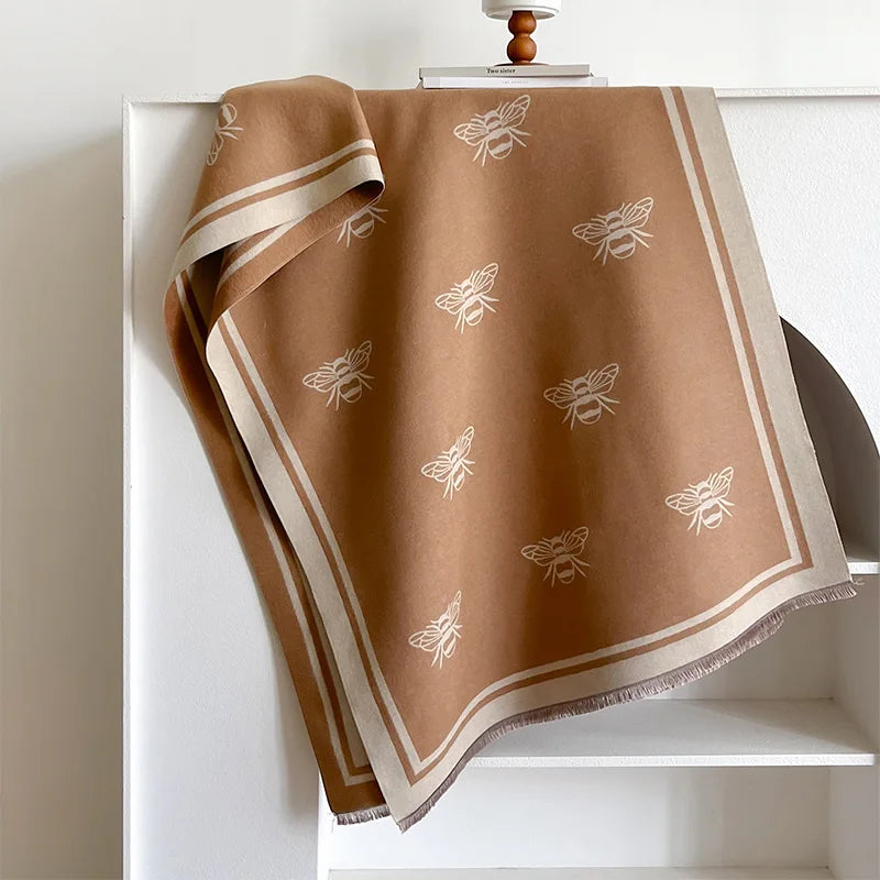 Luxo marca de dois lados abelhas lenço, imitação de caxemira, macio, quente, franja, pashmina, xale, inverno, coldproof, à prova de vento, cobertor