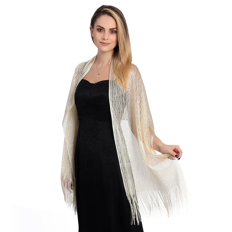 Moda Ouro Prata Brilhante Silk Sunscreen Scarf Feminino Long Tassel Evening Party Dress Xaile Verão Fino Praia Bikini Sun Cloak