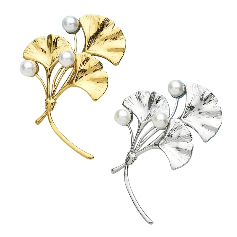 Broche Folha Ginkgo com Pérola Design Elegante Feminino
