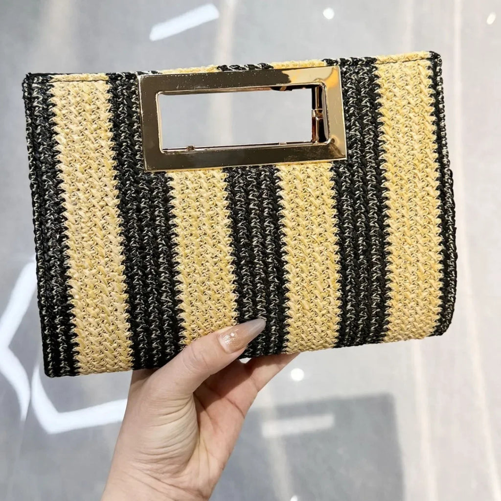 Bolsa de mão de palha tecida elegante para mulheres, bolsa de jantar elegante, bolsa portátil, padrão de jacaré, interior de poliéster