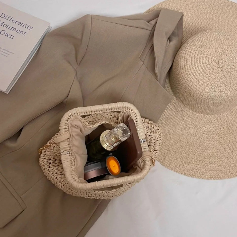 Retro tecido sacos de embreagem para as mulheres 2025 palha concha corrente bolsa mensageiro senhoras férias praia eco-friendly crossbody saco