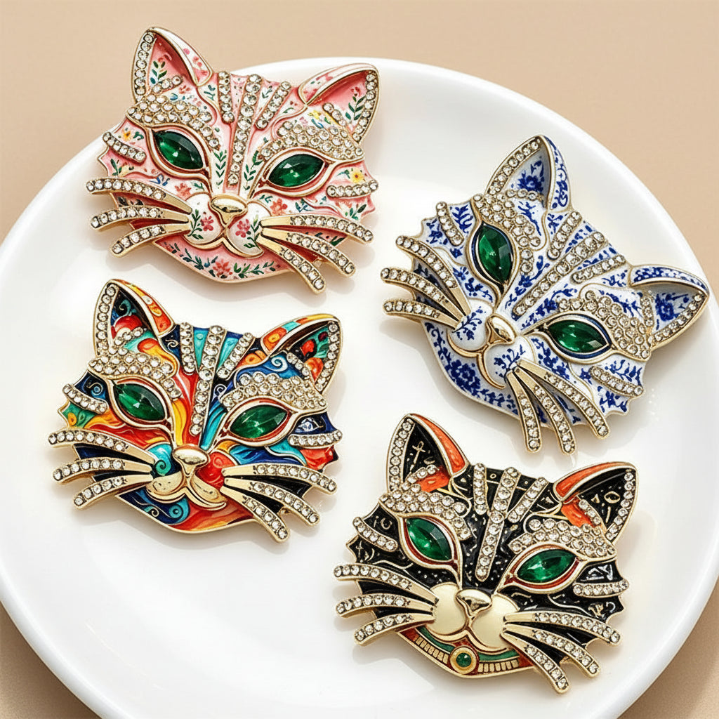 Broche Gato Cool com Strass e Esmalte Elegante Feminino