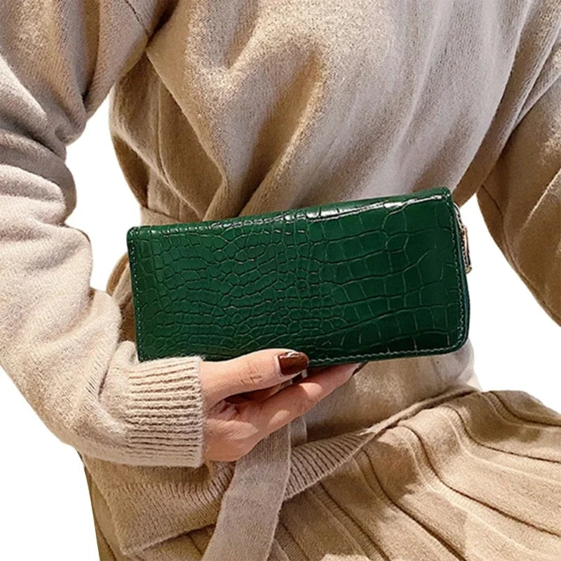Carteira longa padrão crocodilo para mulheres, bolsa de armazenamento leve casual, grande capacidade, porta-moedas feminina, carteiras simples na moda